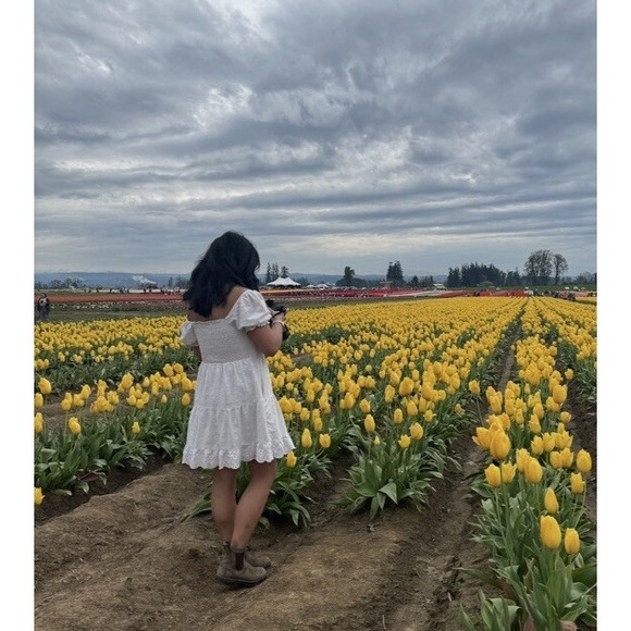 American Eagle Baby Doll Cream Smocked Eyelet Puff Sleeve Tiered‎ Mini Dress M - Picture 5 of 16